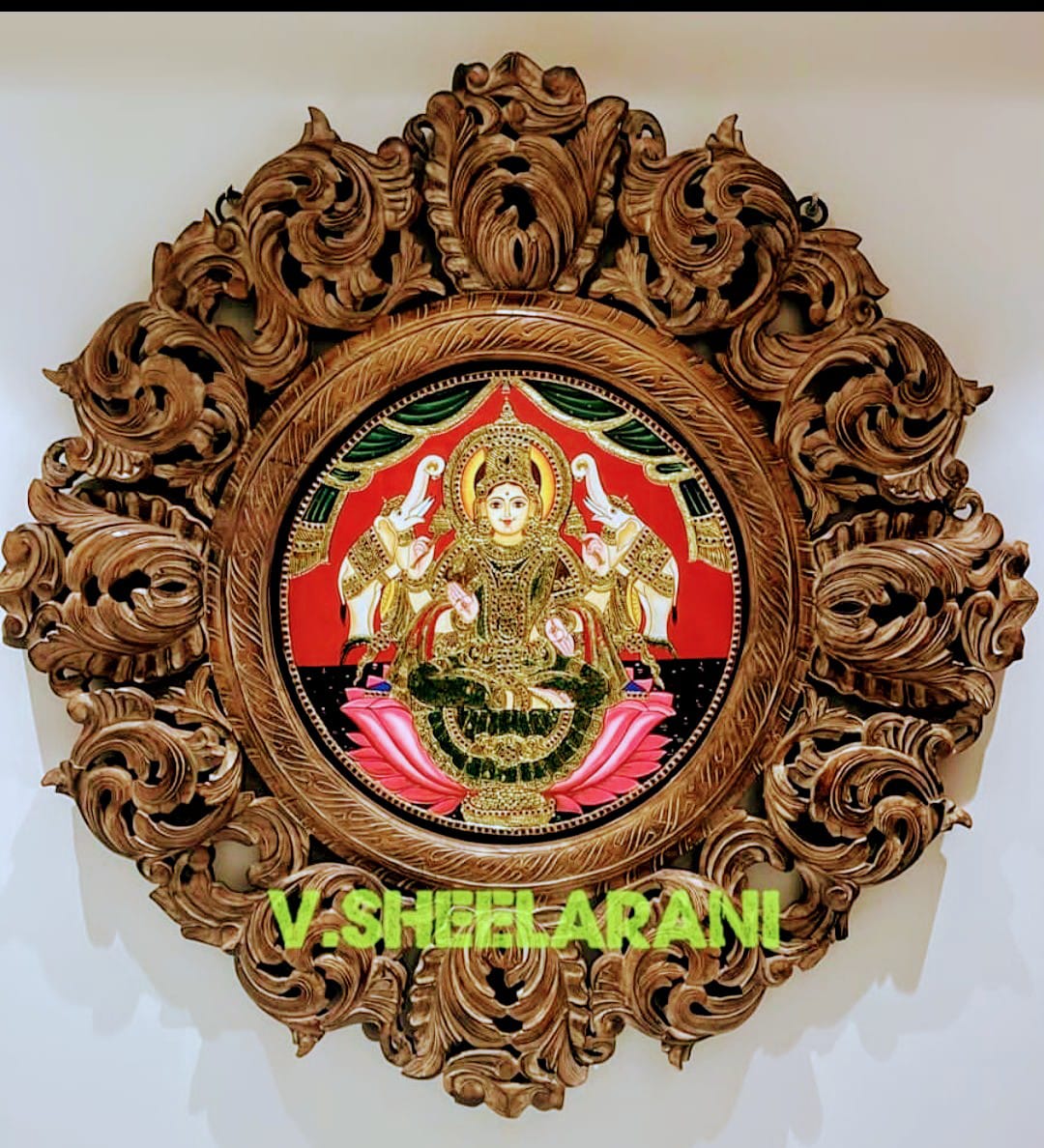 Gajalakshmi of size 29 - round shape teakwood frame